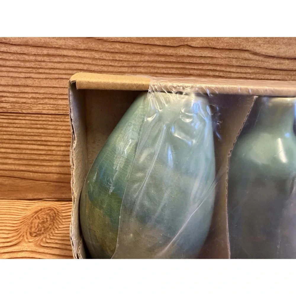New Vtg IKEA Set‎ Of 3 Green Miniature Vases Curved Iridescent Swirls